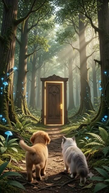 When a Golden Retriever Puppy Touches the Glowing Door Hidden Deep in the Woods, His Cat Companion Realizes the Devastating Secret Behind Its Light